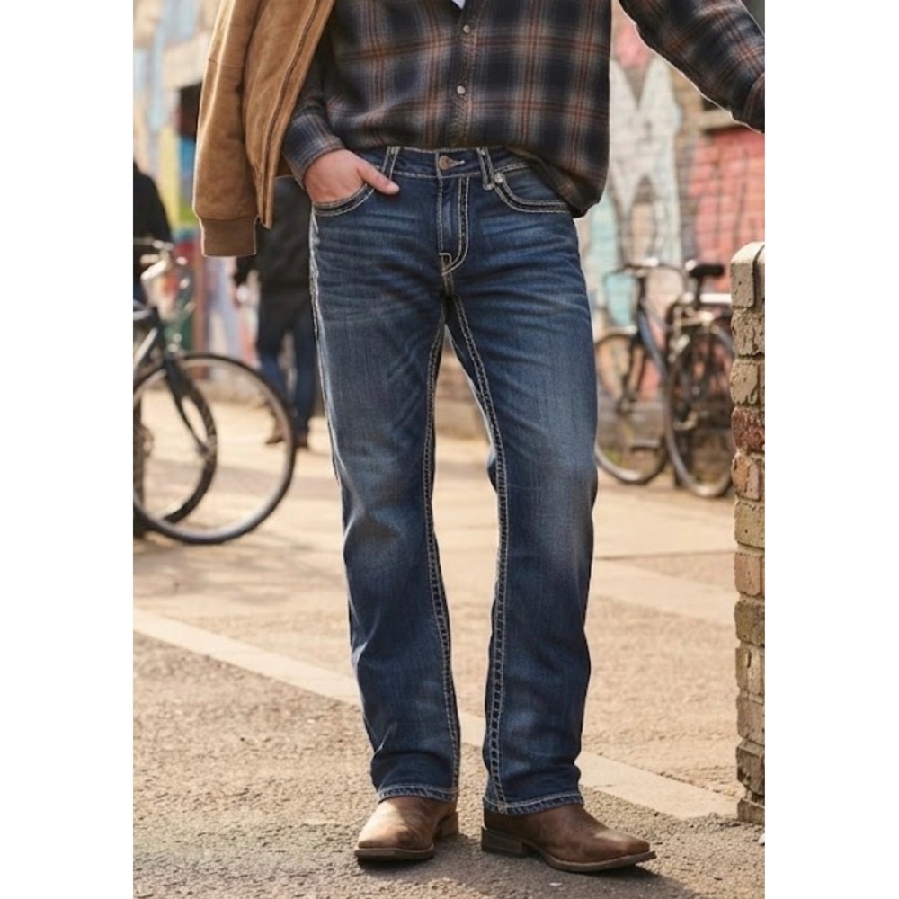 BKE Tyler Mens Medium Wash Straight Leg Jeans 33L Contrast Stitch Blue Denim